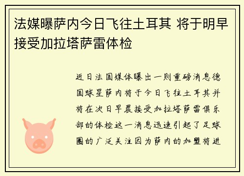 法媒曝萨内今日飞往土耳其 将于明早接受加拉塔萨雷体检